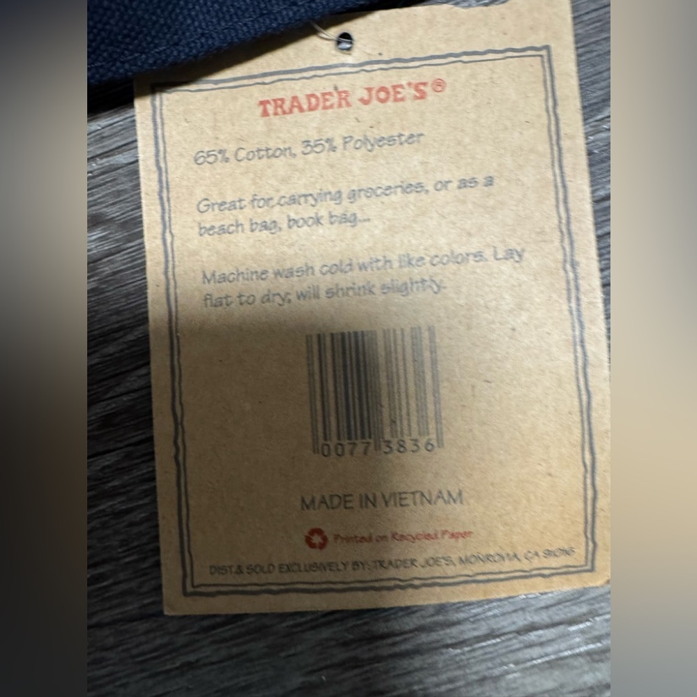 Trader Joe’s Traditional Reusable Large Tote Bag Canvas Cream/ Blue New With Tag - Picture 5 of 8